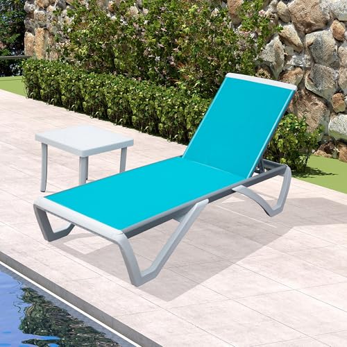 Image of Domi Outdoor Lounge Chair, Aluminum Patio Chaise Lounge with 5 Position Adjustable Backrest and Wheels, All Weather Reclining Chair with Side Table for Patio, Yard,Balcony,Poolside (Lake Blue)
