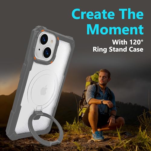 Image of AIBEX Transparent Back Cover Compatible for iPhone 15| Mag-Saf Magnetic Ring Kickstand | Shockproof Dual Layer Military Grade Drop Protection Armor Case| Wireless Charging Support - Grey