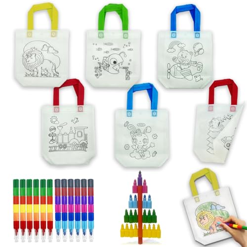 ICEPAPA, Kit Peinture Enfant, 6 Sac a Colorier Enfant et 12 Crayons de Couleurs empilables(12 colores en total), parfait pour Cadeau Anniversaire Enfants...