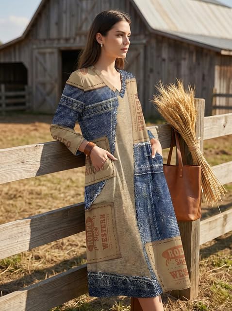 Image of SUZONANA Plus Size Denim Print Maxi Dresses for Curvy Women Casual Blue Jean Dress Summer Short Sleeve Tshirt Western Cowgirl Outfits XL