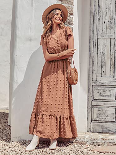 Image of PRETTYGARDEN Womens Dresses 2026 Summer Maxi Dress Boho Short Sleeve V Neck Swiss Dot Ruffle Tiered Smocked Flowy Long Dress