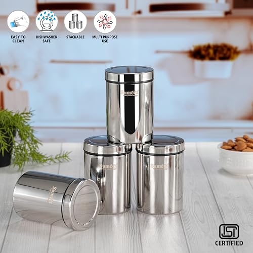 Image of Sumeet ISI Certified Stainless Steel Air Tight Storage Container /Jar /Canister /Dabba with Threading Screw Cap for Kitchen - Pack of 4Pc, 8.3cm, 550ml, Silver