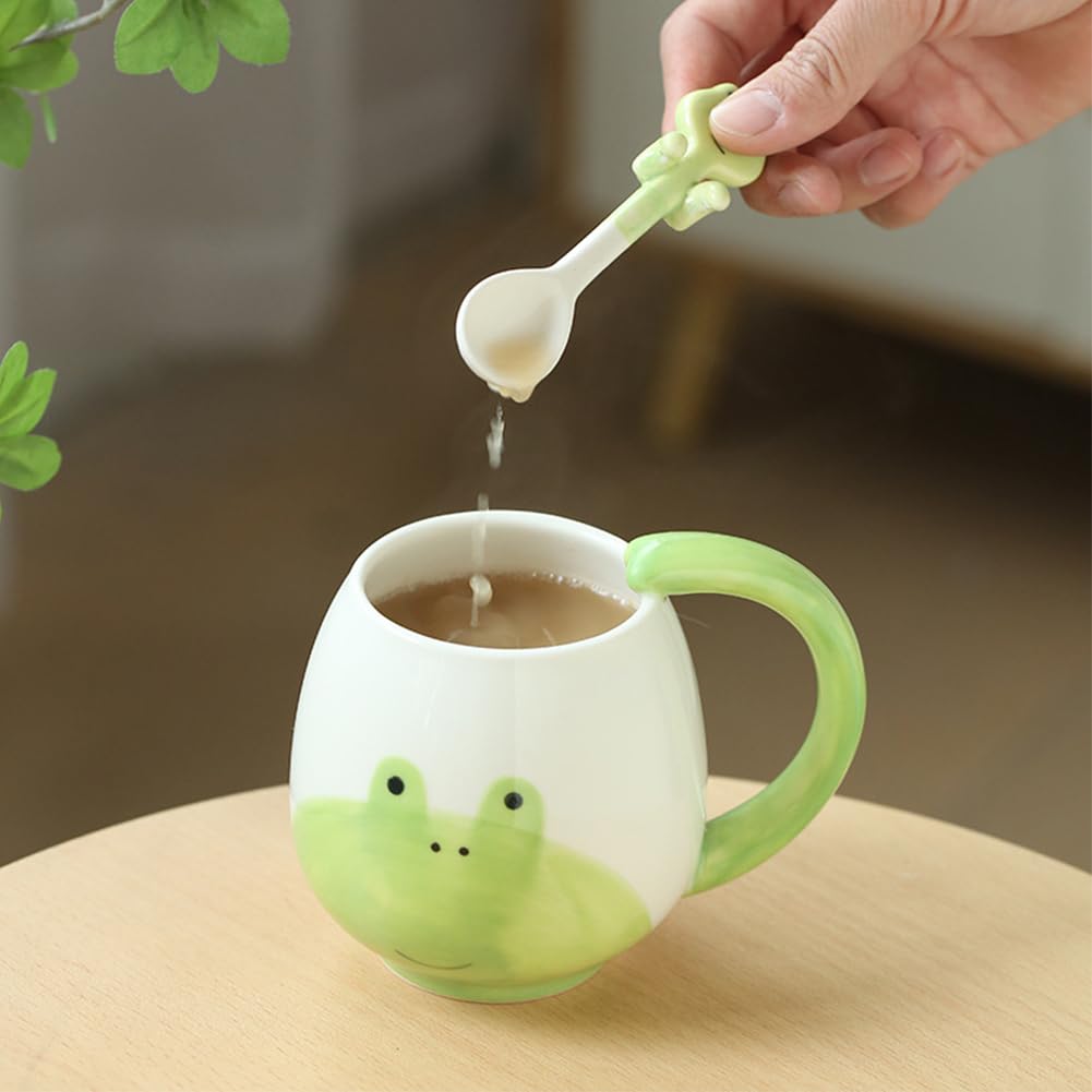 Tazza In Ceramica 300ml Con Rana Disegnata A Mano - Tazza Da Caffè E Tè Con Cucchiaio, Lavabile In Microonde E Lavastoviglie, Regalo Simpatico