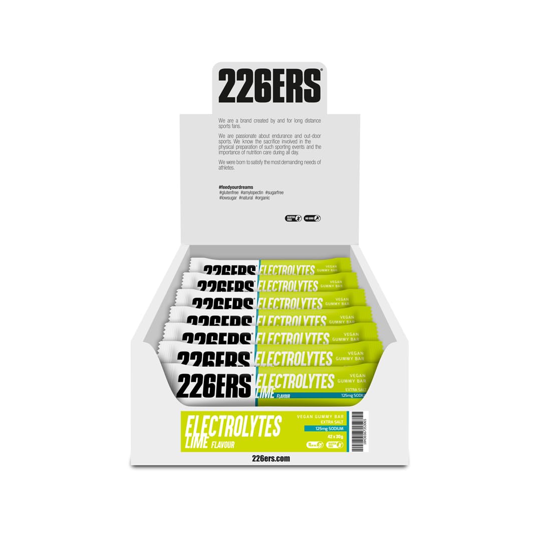 226ERS VEGAN GUMMY BAR 30g LIME - KASSE | Leicht zu kauende Gummibärchen, 16 g Kohlenhydrate pro Dosis, 125 mg Natrium, Energie in einem Stück, glutenfrei, laktosefrei
