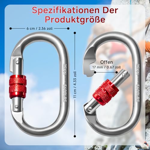 Vipuikos 2 Stück Karabinerhaken 25KN Schwerlast, O-förmiger Karabiner Groß, Sicherheitskarabiner aus Edelstahl, 2500 Kg Belastbarkeit, für Yoga, Hängematten, Camping, Schaukel, Klettern, Absei