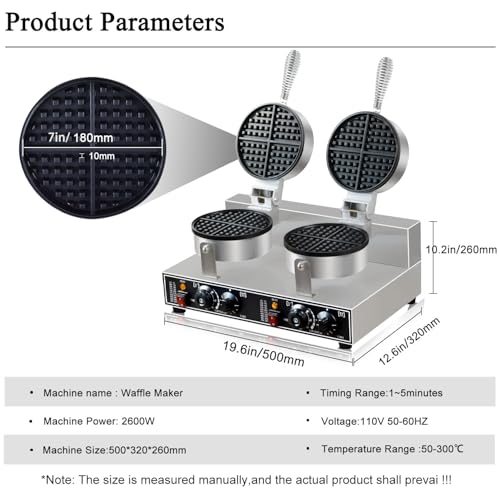 110V 2600W Commercial Double Waffle Maker,Non-Stick Commercial Waffle Baker,Stainless Steel Belgian Waffle Iron for Restaurant Party Food Stall, Bakery Snack Bar Family