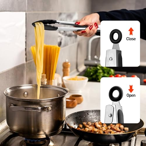 Onader Kitchen Tongs Set of 2, Silicone Food Tongs with Stainless Steel Handle, Great for Cooking Serving Barbecue, Silicone Tips & Locking Clip, Heat Proof & Dishwasher Safe, 9 & 12 Inch - Black - Image 6
