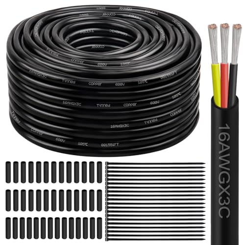Image of 16 Gauge 3 Conductor Electrical Wire, 16 AWG Tinned Copper Stranded PVC Cable, Waterproof /Flexible /Low Voltage Extension Cord for Automotive, Marine, Solar, LED Lighting (100FT)