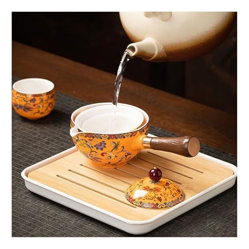 Tetera giratoria de cerámica con diseño japonés y mango lateral para té a una mano 7