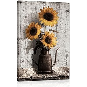 Farmhouse Sunflower Canvas Wall Art: Rustic Brown Pot Wall Decoration - Vintage Flower Framed Poster Artwork Decor for Home Office Living room Bedroom 16" x 24" Vintage Sunflowers 24"L x 16"