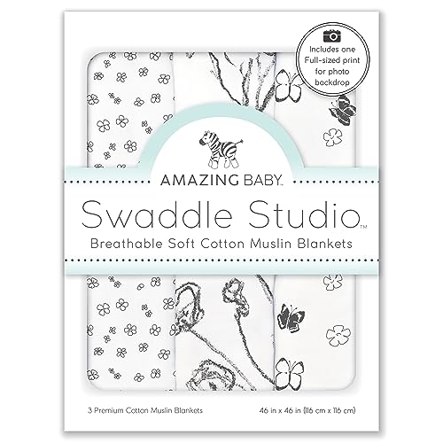 Image of Amazing Baby - Swaddle Studio 3pk - Loved, Floral Milestone & Sensory Muslin Swaddle Blankets, Butterflies and Bitty Flowers - Black & White for Baby's Visual Development
