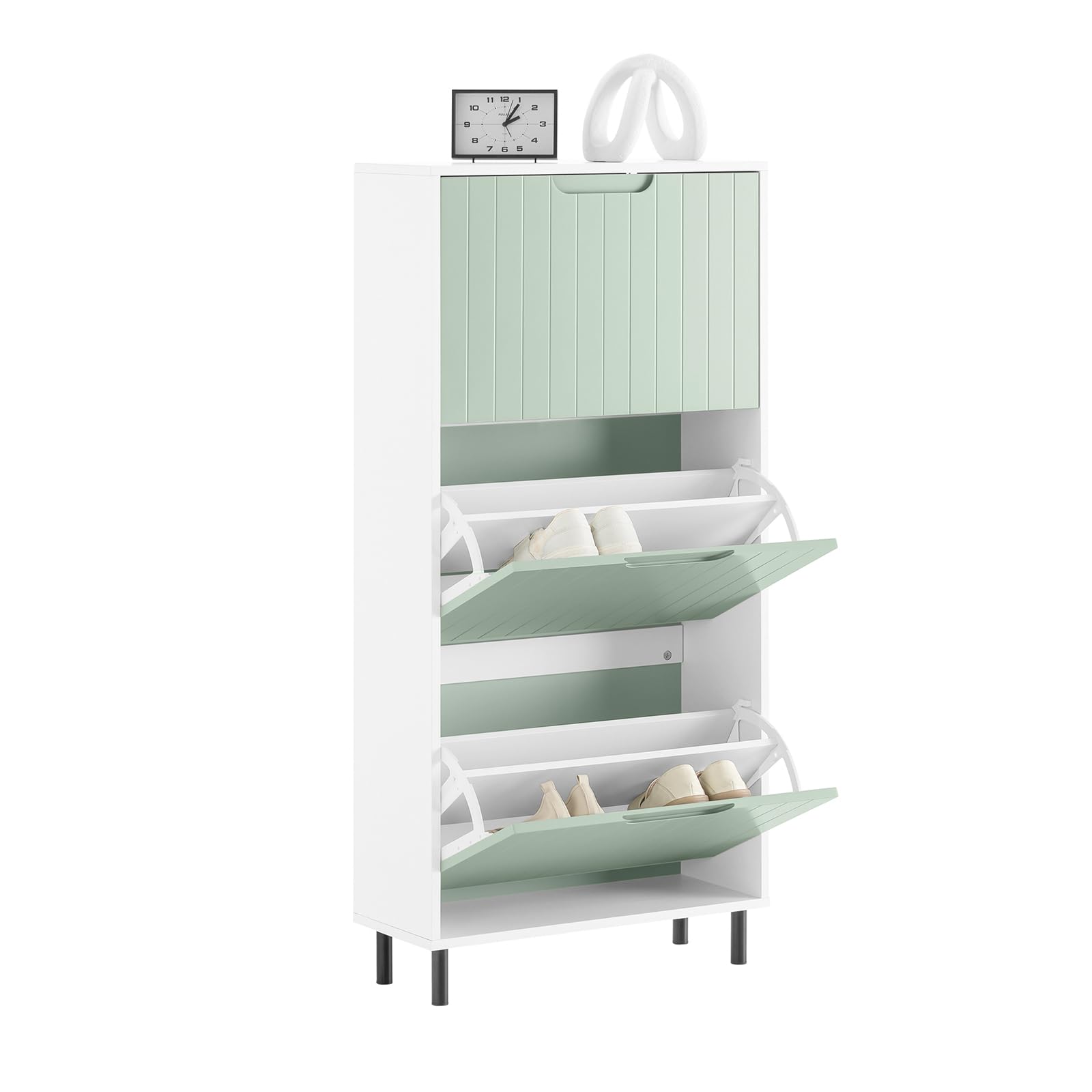 SoBuy FSR157-GR Schuhkipper mit 3 Klappen Schuhschrank schmal Schuhablage Schuhregal mit 6 Ablageflächen Schuhkommode Weiß-Grün BHT ca. 60x127x24cm