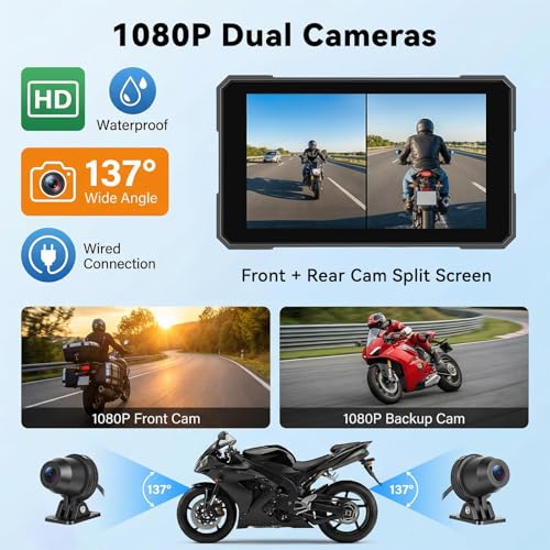 Image of SIXTOP Motorcycle CarPlay Screen with HD 1080P Dual Dash Cam Wireless CarPlay Android Auto Screen for Motorcycle TPMS Pantalla para Moto 5 inch IP67 Waterproof Touchscreen, Bluetooth, GPS, Voice Control