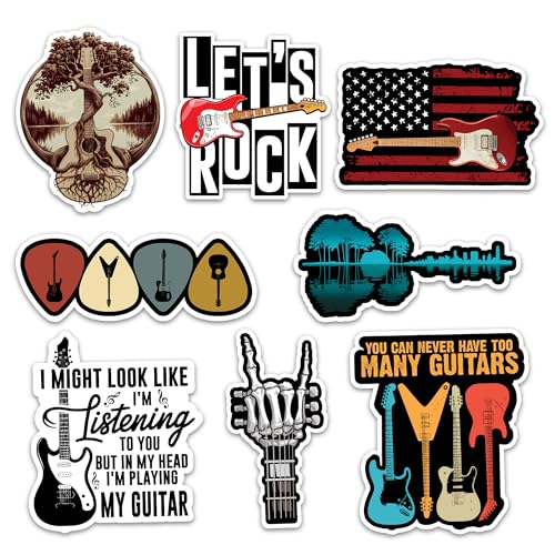 Image of Guitar Sticker 8 Pcs (Large Size) Vinyl Stickers Laptop Waterproof Decal for Car Bumper Water Bottle Notebook Luggage Window Party Birthday Decorations - Size 4 Inches