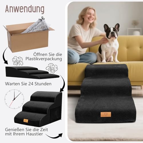 Thihome Hundetreppe für Kleine Hunde, Haustiertreppe 3 Stufen, Hochdichtem Schwamm Hundetreppen 40cm Hoch, Hunde Treppe mit Waschbarem Bezug, Rutschfestem Hunderampe für Bett & Sofa, Schwarz
