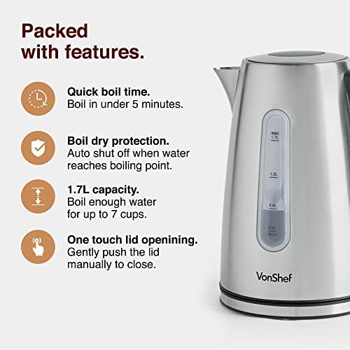 VonShef Electric Stainless Steel Kettle - Large 3000W, 1.7L Capacity Kettle with Fast Boil Time, Removable & Reusable Filter for Fresher Water & Heat Resistant Handle - for up to 7 Standard Cups