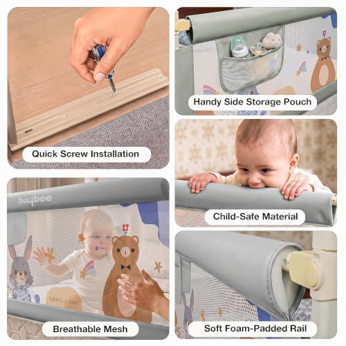 Image of BAYBEE Baby Bed Rail Guard (200x80cm) | Bed Railing for Baby Safety with 28 Height Adjustable Bedside Protector for Babies Falling | Foldable Bed Safety Guard for Kids (1 Side, (Light Grey)