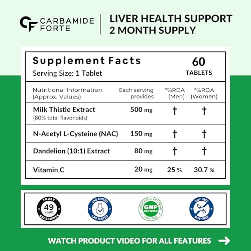 Image of Carbamide Forte Milk Thistle Tablets | Liver Detox Supplement with NAC, Dandelion & Vitamin C | NAC Supplement to support Liver Health & Digestion - 60 tablets