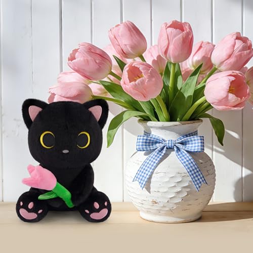Image of Black Cat Plush Holding Pink Tulip - 8 inch Kawaii Stuffed Cat with Flower, Soft Cute Plush Toy for Mom, Cute Stuffed Animals for Girls & Kitten Lovers