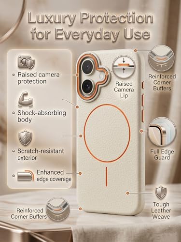 Image of amazon basics Luxury MagSafe Compatible Leather Texture Back Cover for iPhone 16 | Raised Camera Protection | Slim Fit Shockproof Case with Metallic Accents (White)