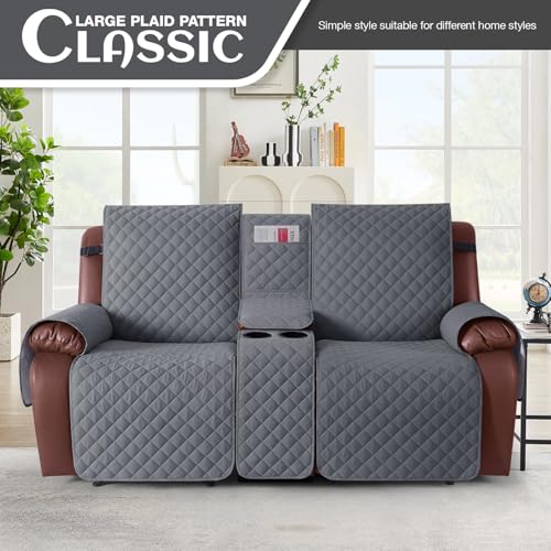 Image of KinCam 100% Waterproof Recliner Loveseat Cover with Console, Non-Slip Reclining Couch Covers for 2 Seat, Recliner Sofa Cover Furniture Protector with Elastic Straps for Kids, Pets, Dark Gray