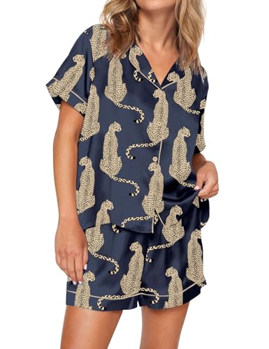 Image of SHESHOW Satin Pajamas for Women Set Preppy Animals Pjs Short Sleeve Shorts 2 Piece Loungewear Sets XS-XXL