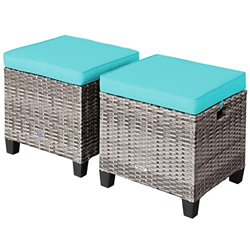 RELAX4LIFE 2-Piece Patio Rattan Ottomans - Outdoor Wicker Furniture w/