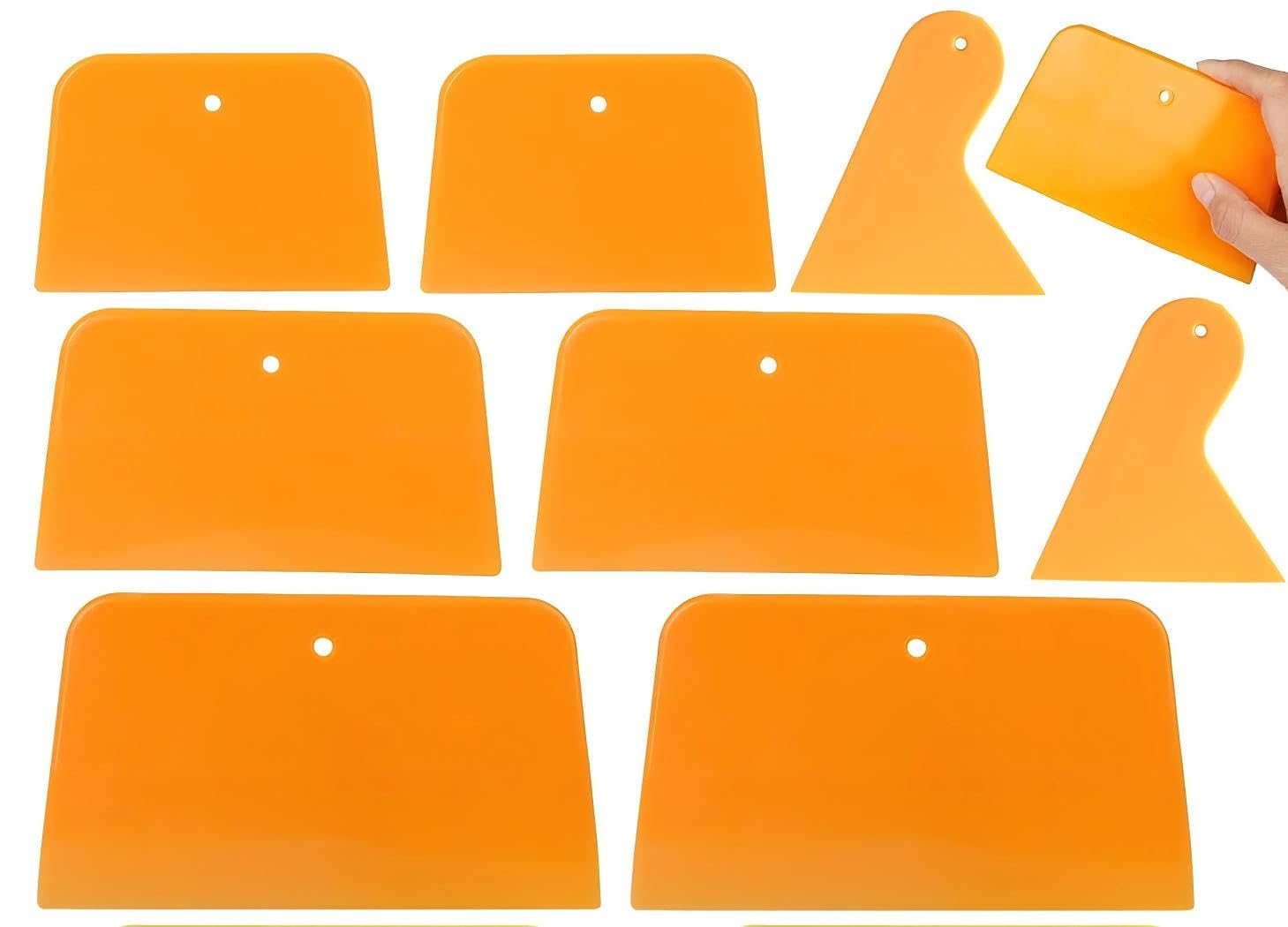 Buaak 8PCS Car Body Filler & Window Tint Tool Kit, Plastic Spreaders Squeegee Set for Auto Bodywork, Vinyl Wrap Installation, Decal Application - Reusable Orange Scrapers (Triangle, Straight)