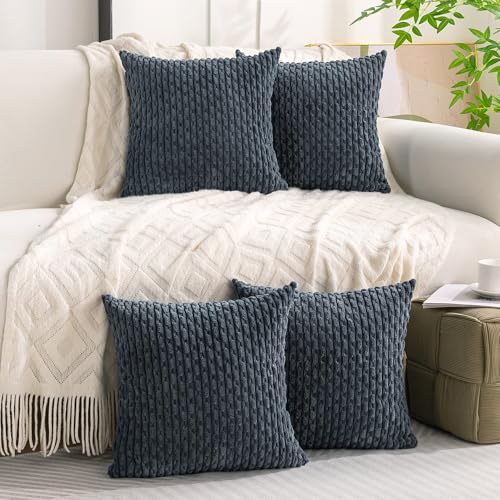 Set of 4 Grey Blue Decorative Throw Pillow Covers 16x16 Inch Corduroy Pillow Covers for Bed Couch Sofa Living Room Soft Square Cushion Cases