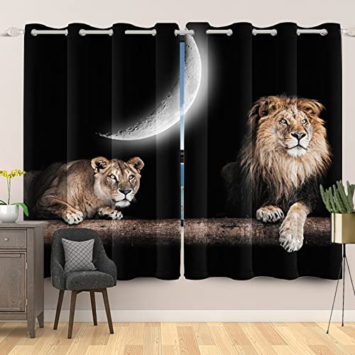 SDOTPMT 107x160cm Lion d'Afrique Léopard Rideau fenêtre Croissant de Lune Fond Noir Animal Sauvage Rideaux de fenêtre pour Homme Rideau Occultant pour Chambre Blocage léger Rideau, 2 Panneaux
