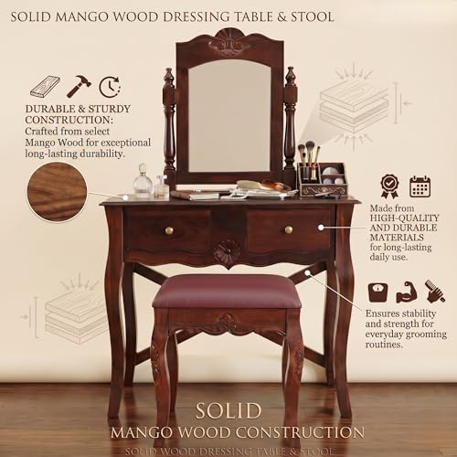 Image of APRODZ Solid Wood Dressing Table with Mirror Brown Vanity Table with Storage for Bedroom Living Room Pre-Assembled Home Furniture with Mirror Makeup & Accessories Storage Organizer with 2 Drawers