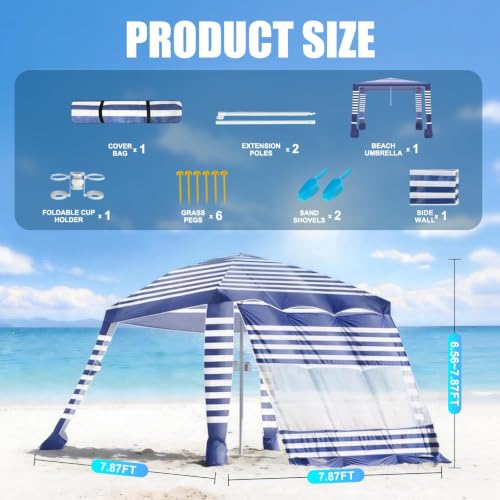 Beach Cabana Tent with Sun Shade - 8'×8' Large with Side Wall, 2 Cup Holder by PUIPUM - Used condition - Image 2