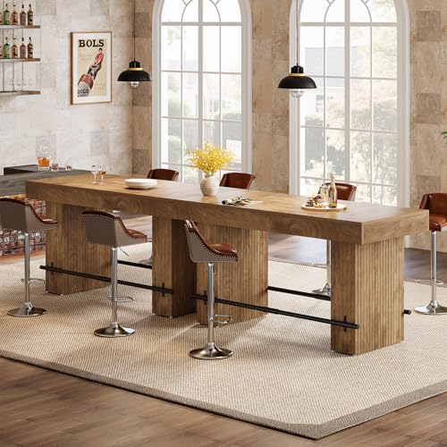 Image of Tribesigns 62.2 Inch Bar Table, Industrial Counter Height Pub Dining Table, Rectangular Home Bar Units with Metal Footrest for Home Kitchen, Dining Room, Bistro, Oak Wood