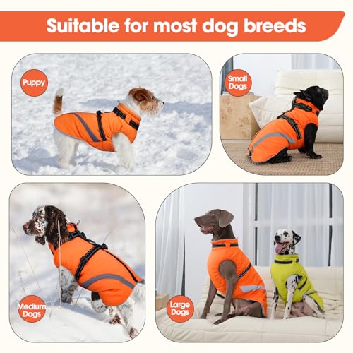 Image of BRKURLEG Dog Winter Jackets for Large Dogs, Dog Coat with Harness Built in, Dogs Snowsuits with Zipper, Waterproof Windproof Pet Puffer Jacket Fleece Vest for Labrador, Dalmatian, Orange XXL