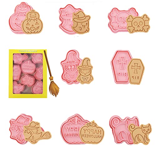 JFAN Moldes Galletas Halloween 8 Piezas 3D Plástico Juego de Cortadores Galletas Moldes Prensables Cortadores Cookies Fondant Reutilizable Halloween,D