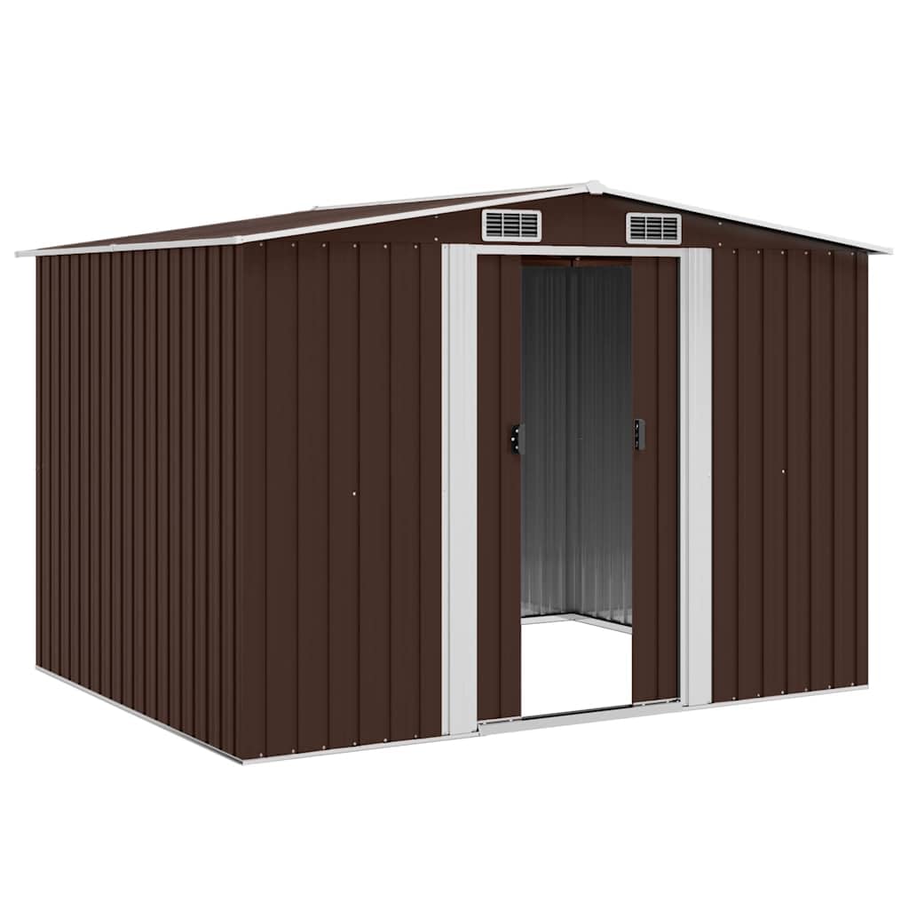 Casetta porta attrezzi marrone in acciaio zincato 257 x 205 x 178 cm con doppie porte scorrevoli e 4 prese d'aria per attrezzi da giardino, tosaerba, bicicletta e bidoni della spazzatura da