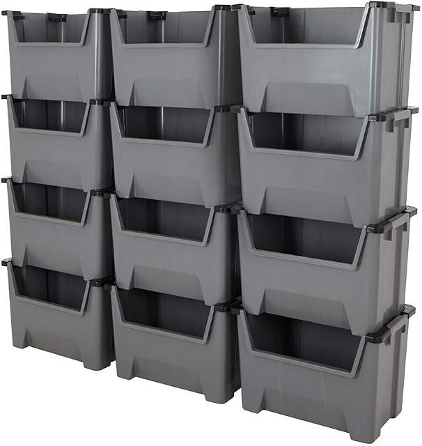 BiGDUG Giant Grey Plastic Stacking Bins Order Picking Boxes Open Front Garage & Industrial Storage Boxes Heavy Duty Home Shed Organiser (5, 400h x 600w x 400d mm)