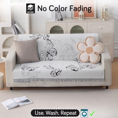Image of HOKIPO Serene Abode Sofa Cover 3 Seater, 180x175 cm, Monochrome Butterfly