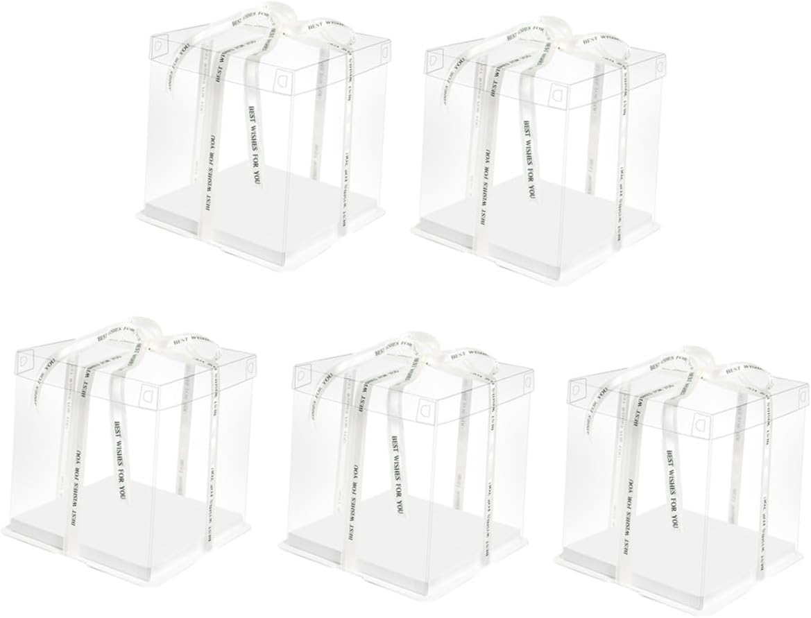 5pcs 8-inch Cake Wrapping Boxes with Ribbon, Tall Square Food Packaging Containers for Birthday and Celebration Cake Storage