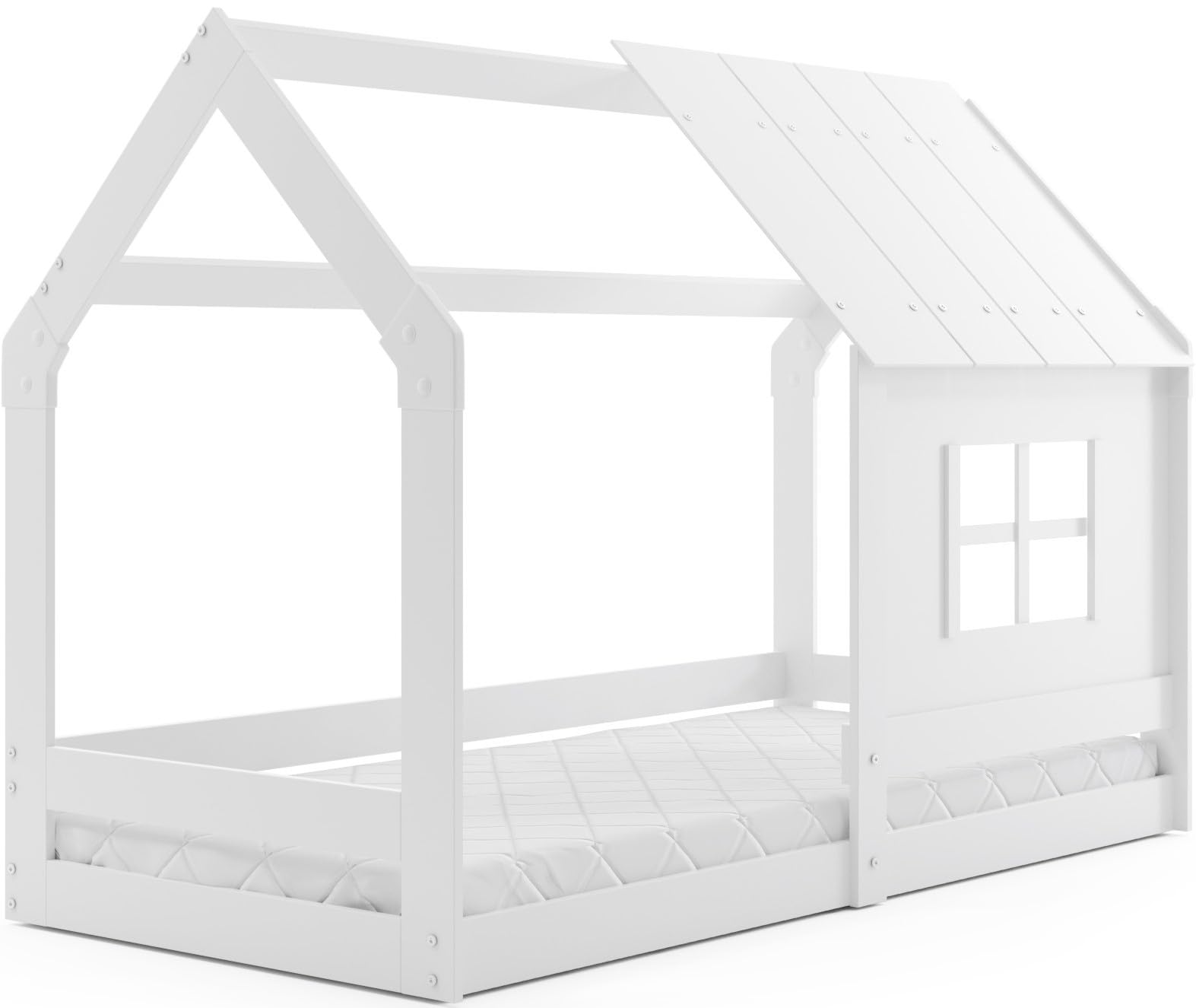 Interbeds Lit cabane avec Toit pour Enfant, lit Montessori au Sol en Bois, lit Simple avec barrière Anti-Chute et sommier à Lattes Inclus, Structure Robuste 80 x 160 cm (Blanc)