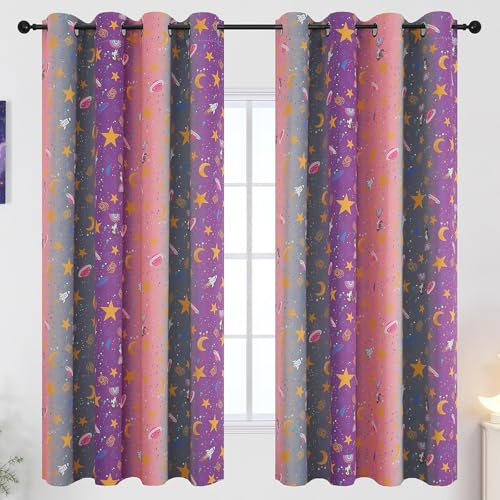Image of Pink Purple and Grey Room Darkening Curtains 63 Inch Long for Girls Bedroom