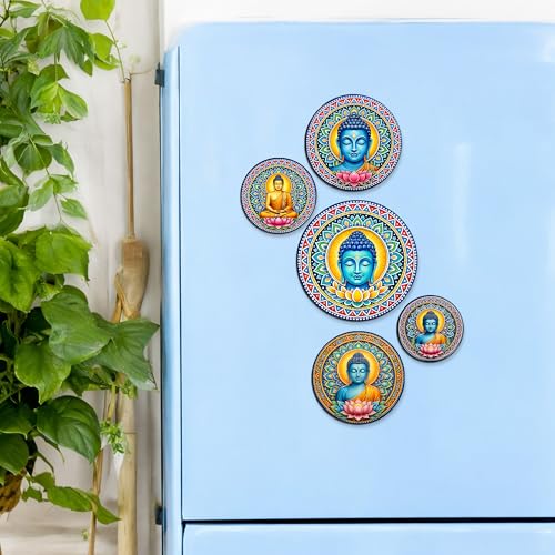 Image of Regalo Casila Buddha Art Fridge Magnets Set of 5 Wooden Refrigerator Magnets Spiritual Decorative Kitchen Magnets Souvenir Gift Set Strong Magnetic Home Decor