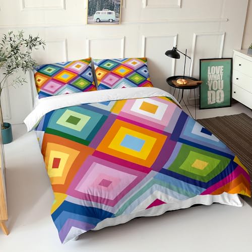 Housse de couette géométrique 140x200 imprimé patchwork multicolore pour lit enfant