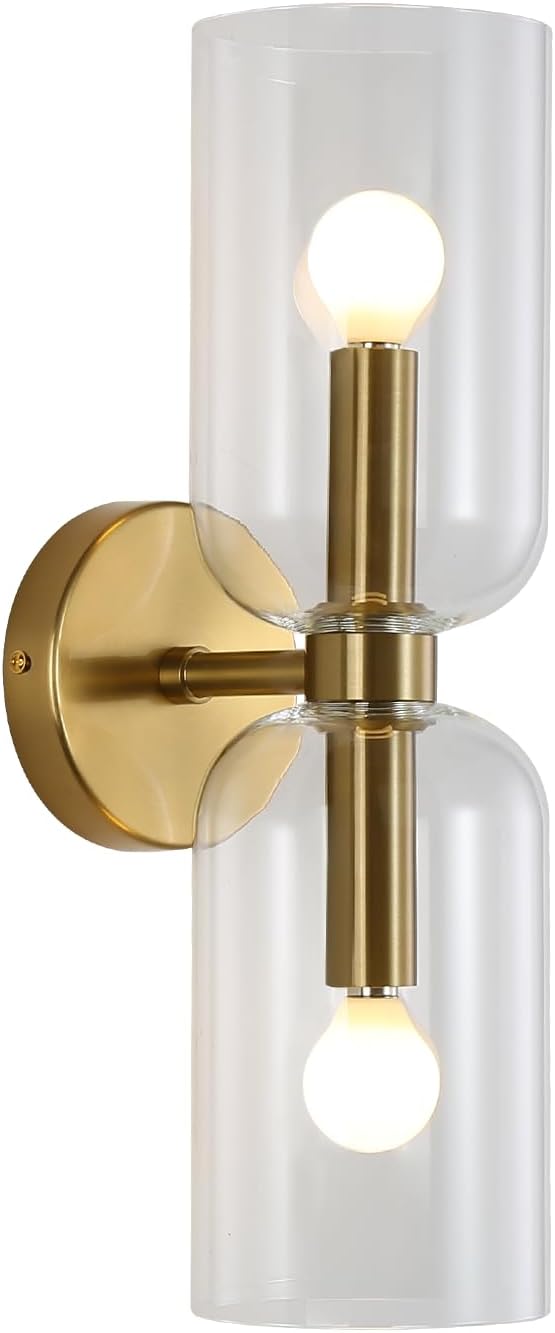 Minimalist 2-Light Gold Wall Sconces with Cylinder Glass Shades- Mid Century Vanity Wall Double Lights Hardwired- Modern Indoor Glass Wall Mounted Art Decor Lights (Clear, 1 Pack) Clear 1 Pack