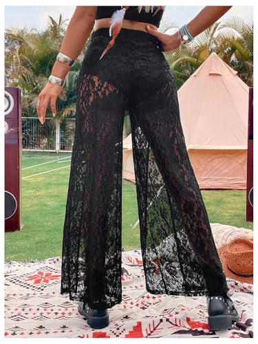 SweatyRocks Women's Split Lace Pants Gothic Grunge See Through Wide Leg Trousers Bell Bottoms2