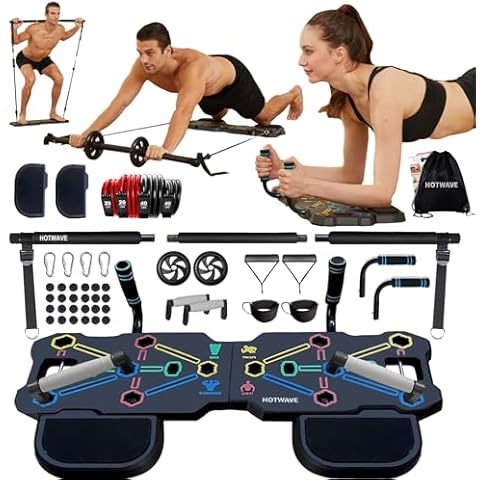 HOTWAVE Portable Workout Equipment with 20 Gym Accessories.Push Up Board &Plank Trainer,Resistance Bands with Ab Wheel,Exercise at Home For Men and Women Cover