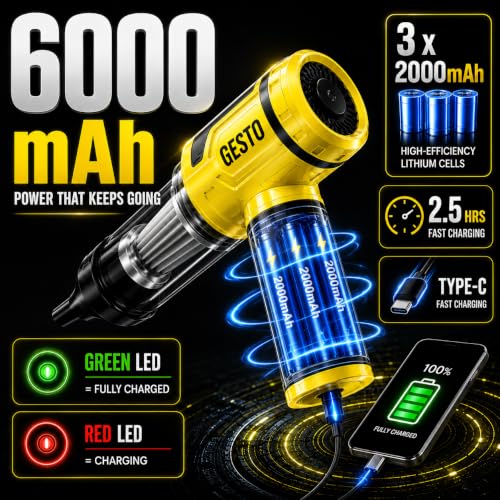 Image of Gesto HEPA Filter Enabled Vaccum Cleaner for Car & Home | Wireless | 100W Powerful Motor | 6000mAh Battery | 4-in-1 Blower, Suction, Inflation & Sealing | Digital Display | 1 Year Warranty (Yellow)