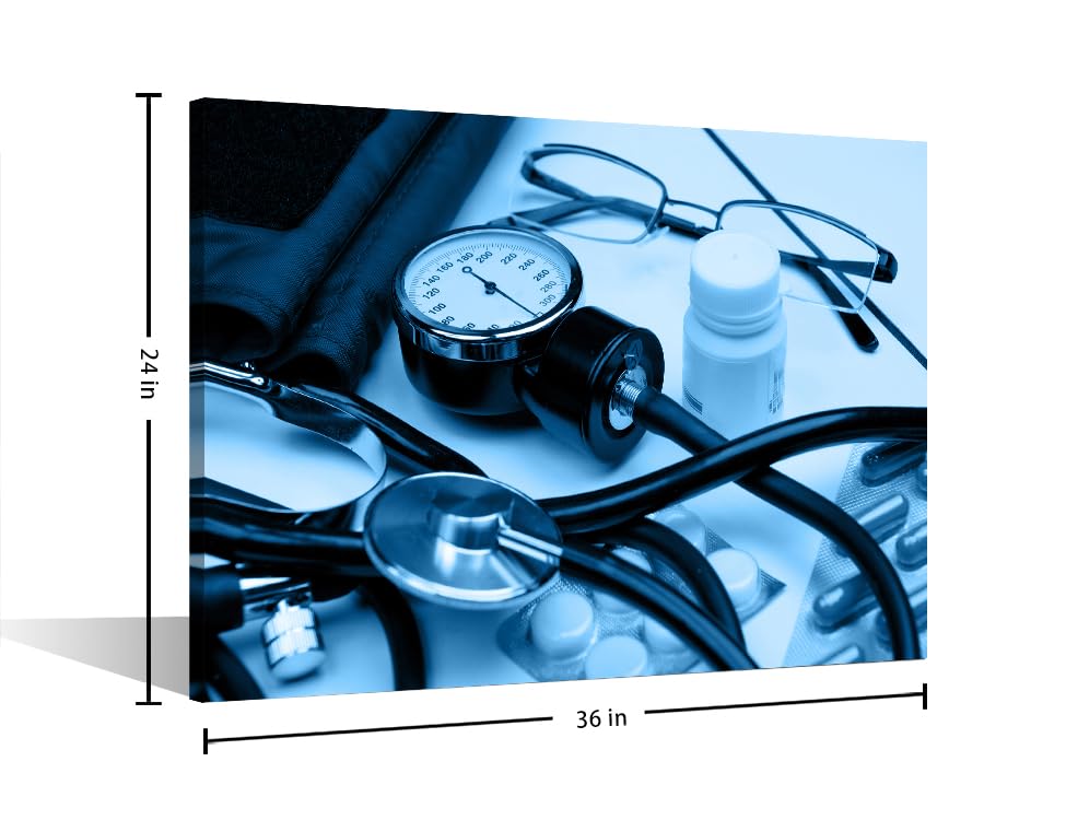 Image of Canvas Wall Art Medical Hospital Background in Blue Wall Decor for Living Room 1 Pieces Stethoscope Artwork Wall Decor for Bedroom Giclee Wooden Framed Gallery-Wrapped Ready to Hang, 24 inch Wx36 H