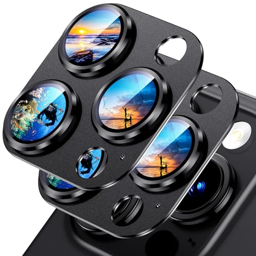 Uyiton Compatible with iPhone 15 Pro/iPhone 15 Pro Max Camera Lens Protector, [Not Easy to Break][Strong Adsorption][Case-Friendly] Metal Tempered Glass Rear Camera Screen Cover - Black, 2 Pack