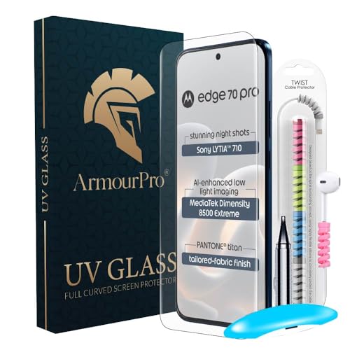 Image of ArmourPro UV Glue Tempered Glass for Motorola Edge 70 Pro Curved Screen Protector, 9H Anti Scratch, Edge-to-Edge Coverage, HD Clarity, Easy UV Kit with Cable Protector
